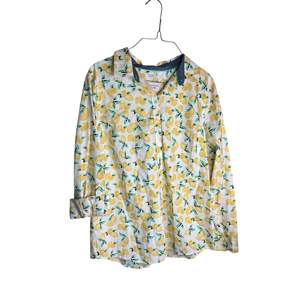 Charter Club Shirt Relaxed Fit Lemon Print Button Down Yellow Womens Medium NWT